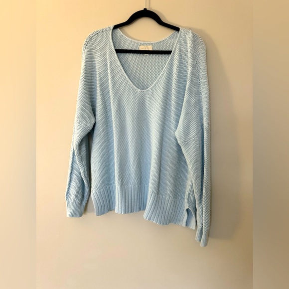 Lucky Brand Powder Blue Popcorn Knit V Neck Long Sleeve Cotton Blend Sweater - Picture 3 of 6